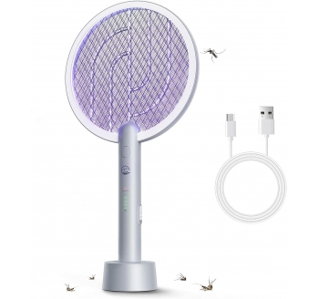 Electric Fly Swatter Racket 1 Pack, Mosiller 2 in 1 Bug Zapper with USB Rechargeable Base, 4000 Volt Indoor Outdoor Mosquito Killer with 3-Layer Safety Mesh for Pest Insect Control & Flying（1 Pack)