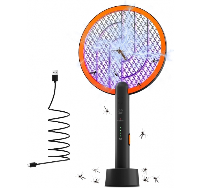 Electric Fly Swatter Racket, Mosiller 2 in 1 Smart Bug Zapper & Power Take Off Generators with USB Rechargeable Base, Powerful Mosquitoes Trap Lamp & Fly Killer for Home, Bedroom (Black-1 Pack)