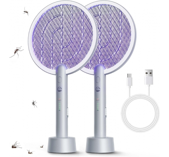 Electric Fly Swatter Racket 2 Pack, Mosiller 2 in 1 Bug Zapper with Auger USB Rechargeable Base, 4000 Volt Indoor Outdoor Mosquito Killer with 3-Layer Safety Mesh for Pest Insect Control & Flying