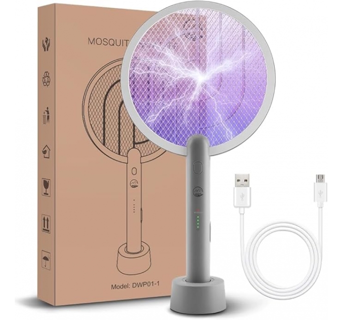 Electric Fly Swatter Racket, Mosiller 2 in 1 Smart Bug Zapper with USB Rechargeable Base, Powerful Mosquitoes Trap Lamp & Fly Killer with 3-Layer Safety Mesh for Home, Bedroom, Kitchen, Patio（1 Pack)