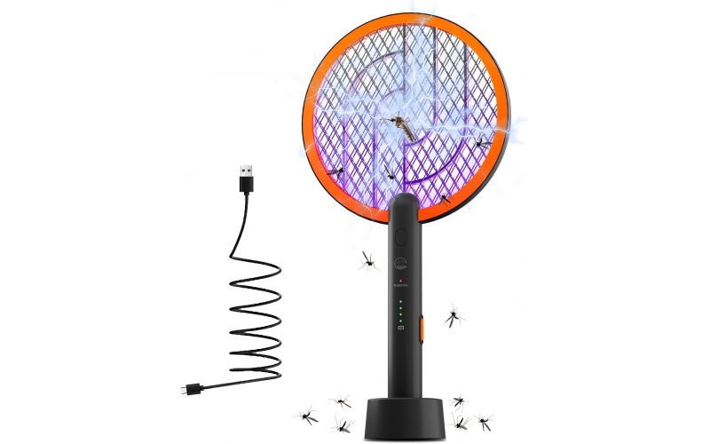 Electric Fly Swatter Racket, Mosiller 2 in 1 Smart Bug Zapper & Power Take Off Generators with USB Rechargeable Base, Powerful Mosquitoes Trap Lamp & Fly Killer for Home, Bedroom (Black-1 Pack)