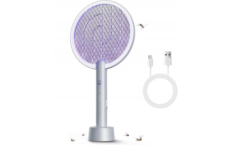 Electric Fly Swatter Racket 1 Pack, Mosiller 2 in 1 Bug Zapper with USB Rechargeable Base, 4000 Volt Indoor Outdoor Mosquito Killer with 3-Layer Safety Mesh for Pest Insect Control & Flying（1 Pack)