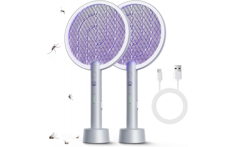 Electric Fly Swatter Racket 2 Pack, Mosiller 2 in 1 Bug Zapper with Auger USB Rechargeable Base, 4000 Volt Indoor Outdoor Mosquito Killer with 3-Layer Safety Mesh for Pest Insect Control & Flying