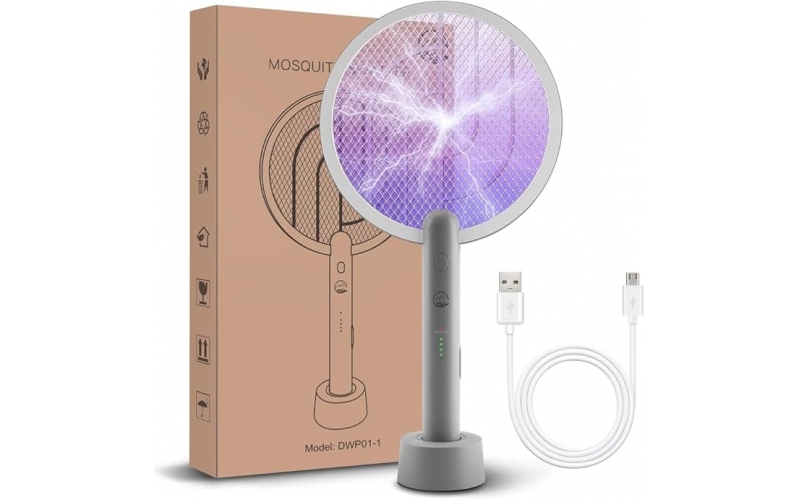 Electric Fly Swatter Racket, Mosiller 2 in 1 Smart Bug Zapper with USB Rechargeable Base, Powerful Mosquitoes Trap Lamp & Fly Killer with 3-Layer Safety Mesh for Home, Bedroom, Kitchen, Patio（1 Pack)