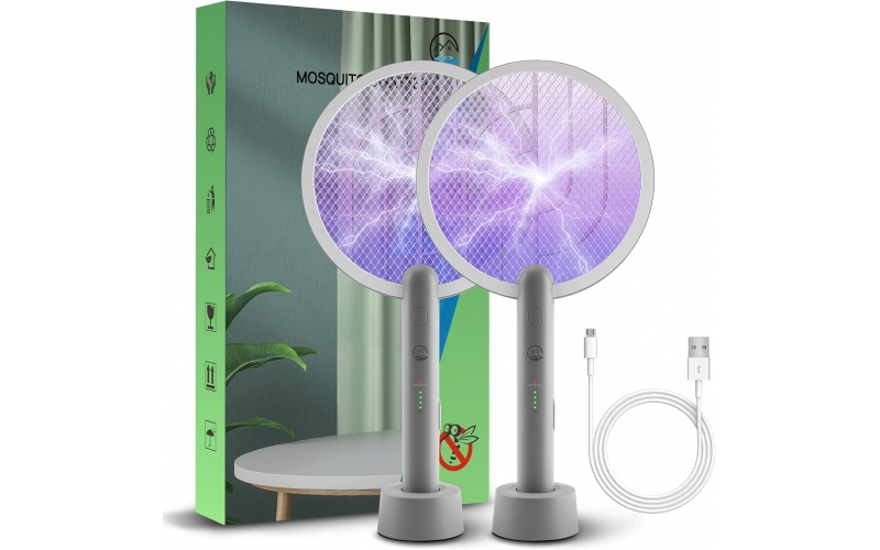 Electric Fly Swatter Racket, Mosiller 4000V 2 in 1 Bug Zapper with USB Rechargeable Base, Powerful Mosquitoes Trap Lamp & Fly Killer with 3-Layer Safety Mesh for Home, Bedroom, Kitchen, Patio (2 Pack）